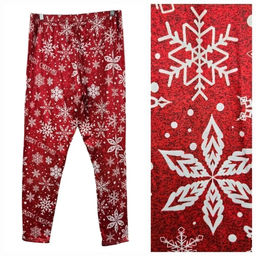 Women's Christmas Fleece Lined Leggings Festive Red Snowflake Holiday Pull-On XL